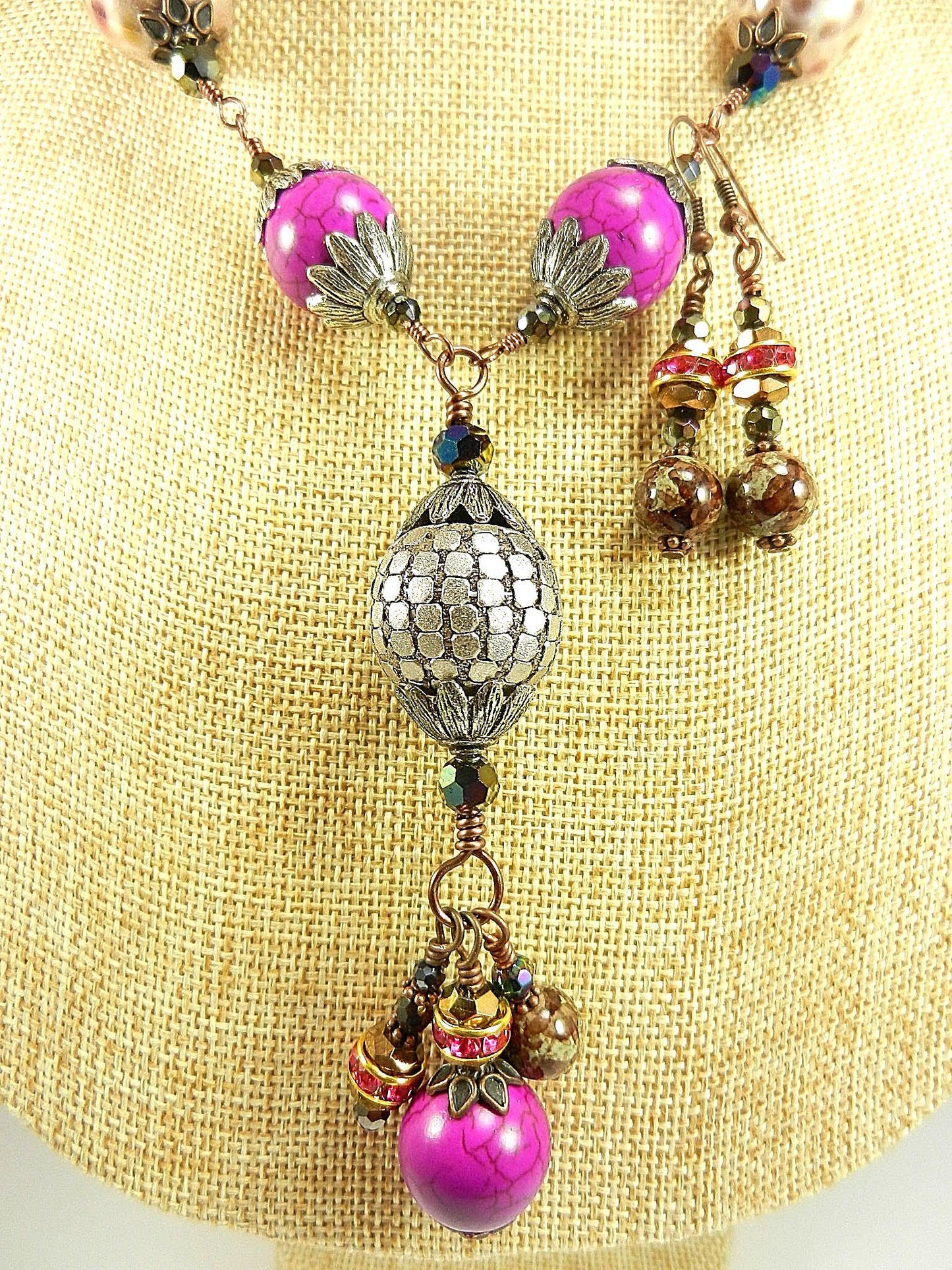 Pink Turquoise Tassel Antique Copper Wire Wrapped Necklace with Ceramic Beads with Matching Earrings