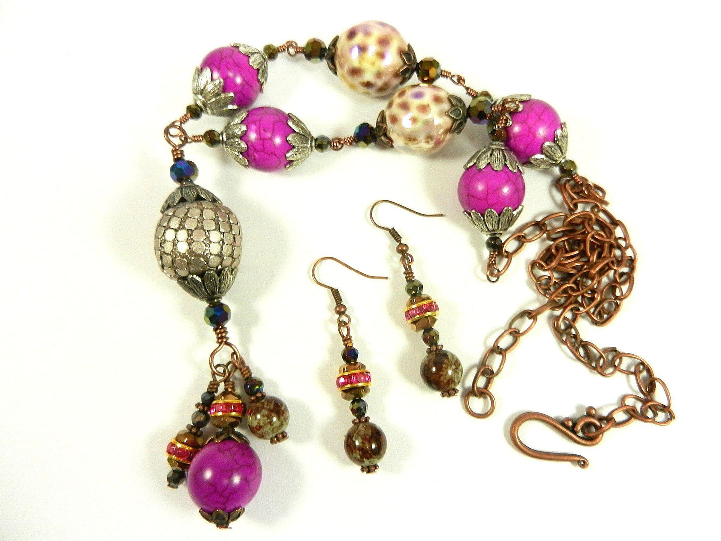 Pink Turquoise Tassel Antique Copper Wire Wrapped Necklace with Ceramic Beads with Matching Earrings