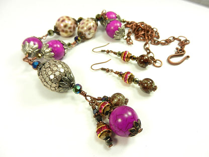 Pink Turquoise Tassel Antique Copper Wire Wrapped Necklace with Ceramic Beads with Matching Earrings