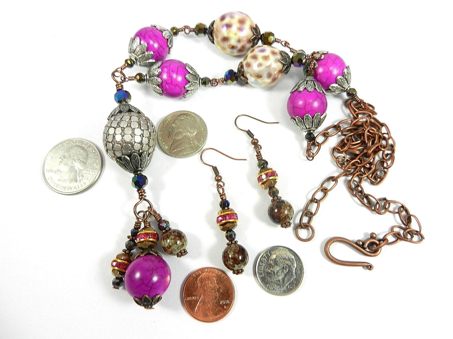 Pink Turquoise Tassel Antique Copper Wire Wrapped Necklace with Ceramic Beads with Matching Earrings