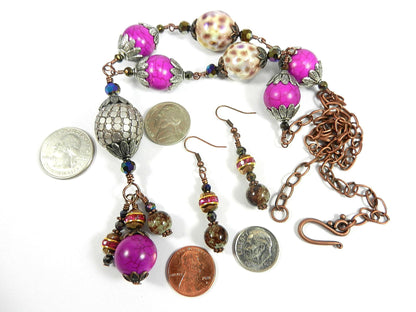 Pink Turquoise Tassel Antique Copper Wire Wrapped Necklace with Ceramic Beads with Matching Earrings