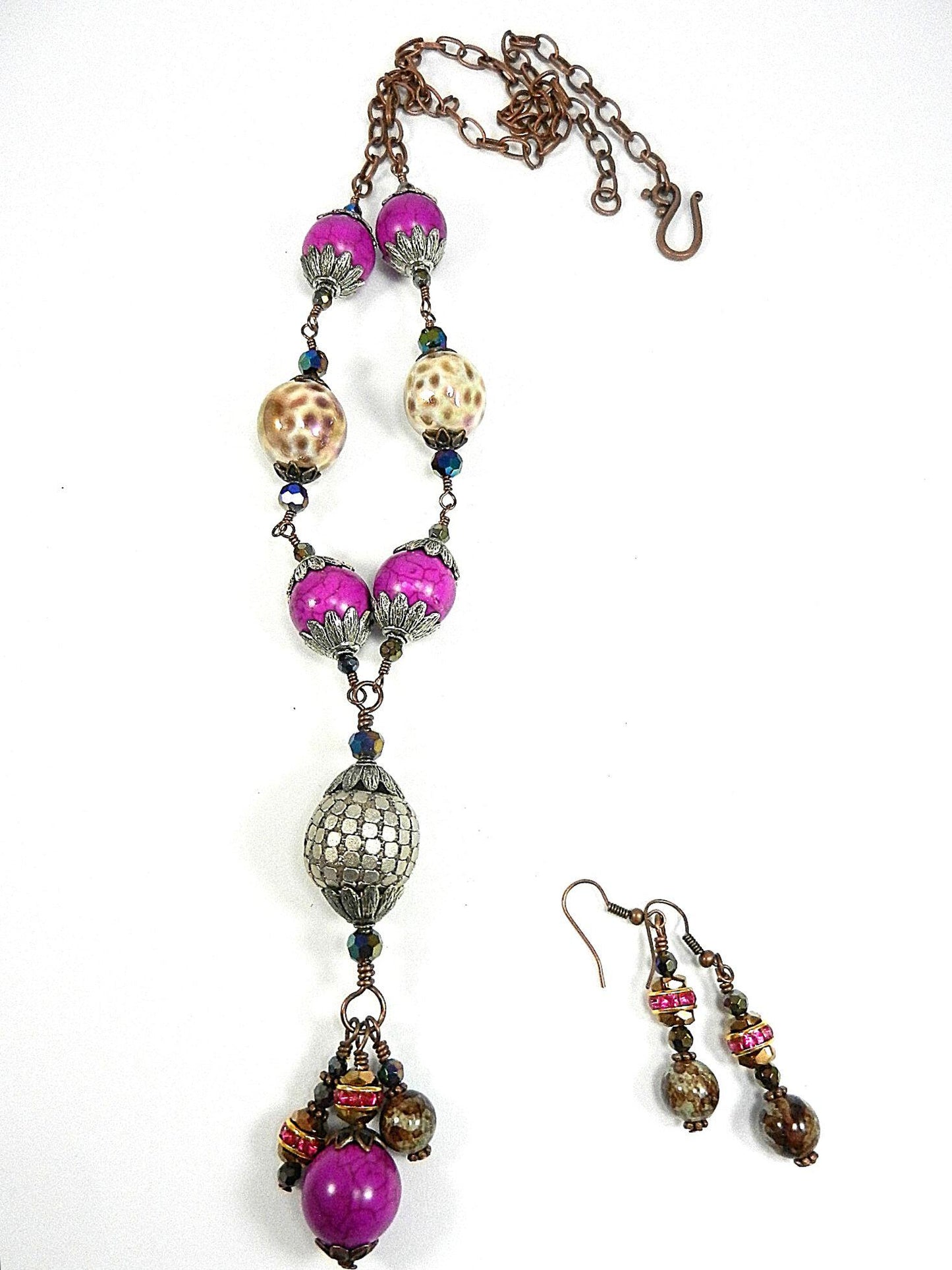 Pink Turquoise Tassel Antique Copper Wire Wrapped Necklace with Ceramic Beads with Matching Earrings