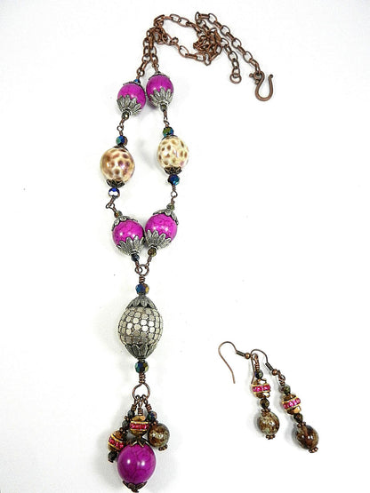Pink Turquoise Tassel Antique Copper Wire Wrapped Necklace with Ceramic Beads with Matching Earrings