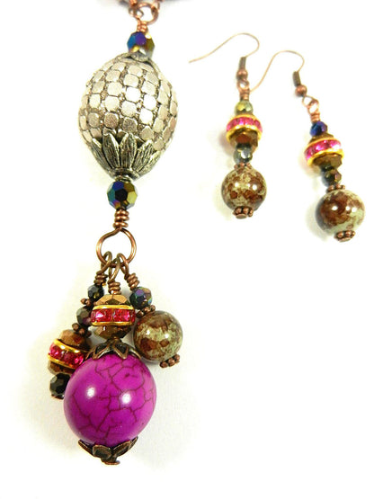 Pink Turquoise Tassel Antique Copper Wire Wrapped Necklace with Ceramic Beads with Matching Earrings
