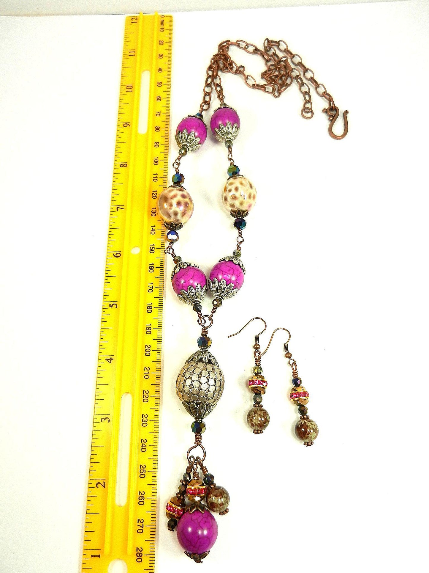 Pink Turquoise Tassel Antique Copper Wire Wrapped Necklace with Ceramic Beads with Matching Earrings
