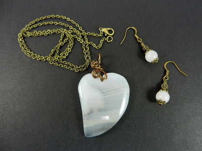 White Agate Heart Gemstone Pendant Wire Wrapped with Matching White Jade Earrings