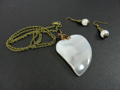 White Agate Heart Gemstone Pendant Wire Wrapped with Matching White Jade Earrings