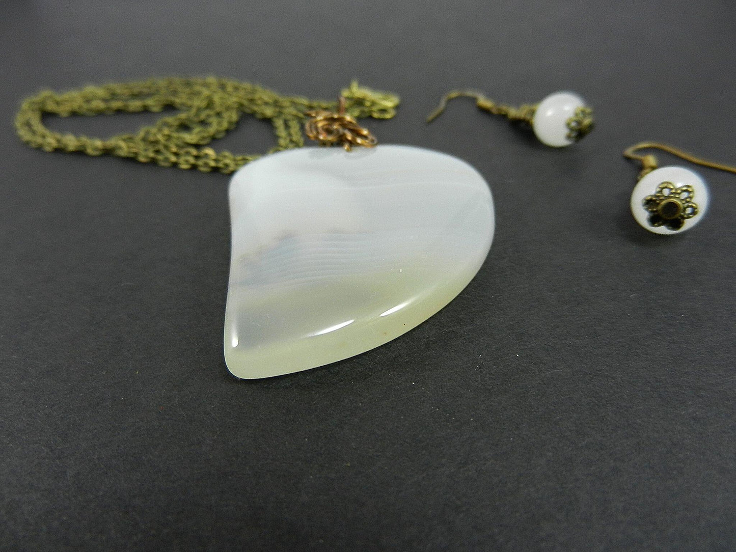 White Agate Heart Gemstone Pendant Wire Wrapped with Matching White Jade Earrings