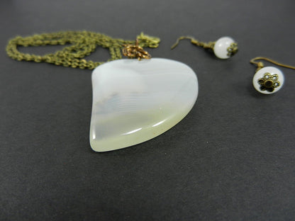 White Agate Heart Gemstone Pendant Wire Wrapped with Matching White Jade Earrings