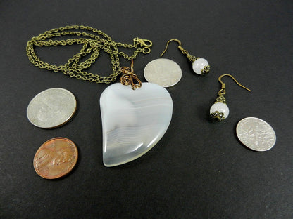 White Agate Heart Gemstone Pendant Wire Wrapped with Matching White Jade Earrings