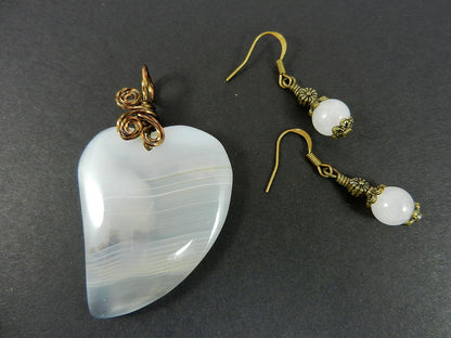 White Agate Heart Gemstone Pendant Wire Wrapped with Matching White Jade Earrings