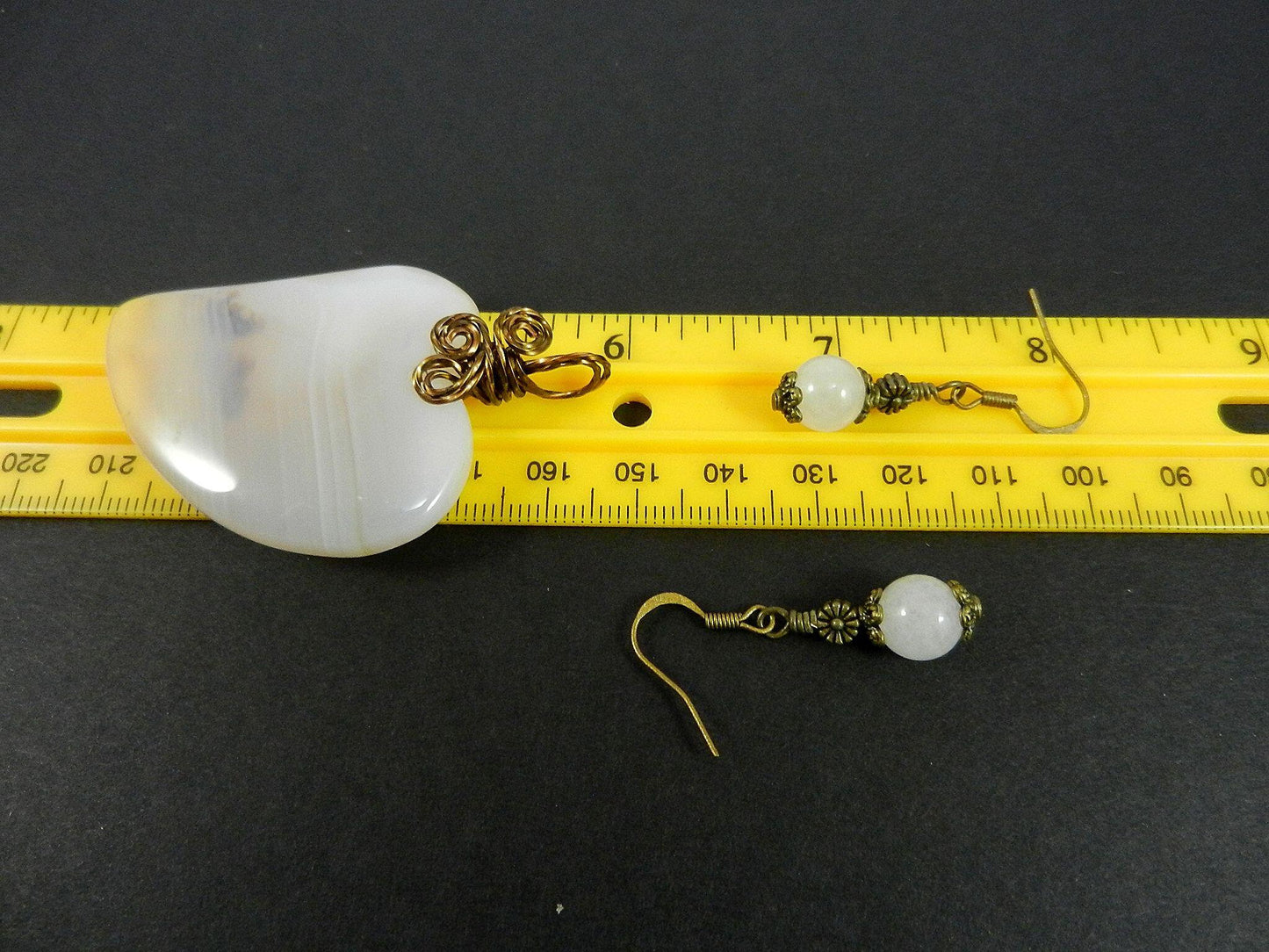 White Agate Heart Gemstone Pendant Wire Wrapped with Matching White Jade Earrings
