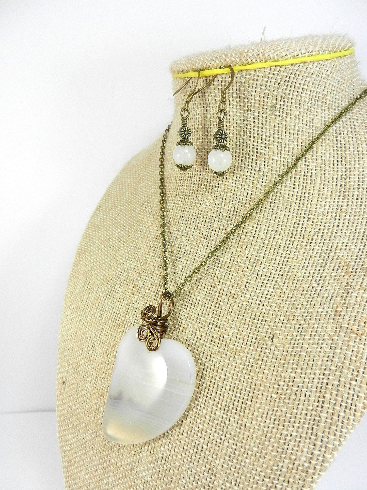 White Agate Heart Gemstone Pendant Wire Wrapped with Matching White Jade Earrings
