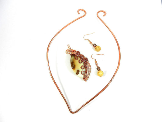 Pendant with Bare Copper Wire Wrapping on a Marquise Shaped Coffee Bean Jasper Gemstone and Crazy Lace Agate Earrings Earrings