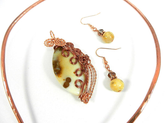 Pendant with Bare Copper Wire Wrapping on a Marquise Shaped Coffee Bean Jasper Gemstone and Crazy Lace Agate Earrings Earrings