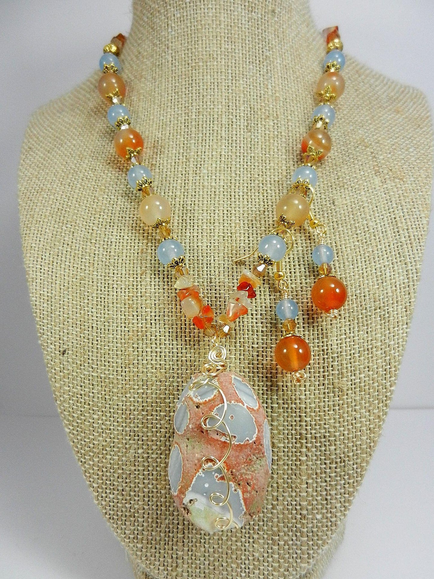 Orange and Blue Agate Pendant Gemstone Gold Necklace with Matching Earrings