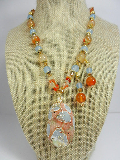 Orange and Blue Agate Pendant Gemstone Gold Necklace with Matching Earrings