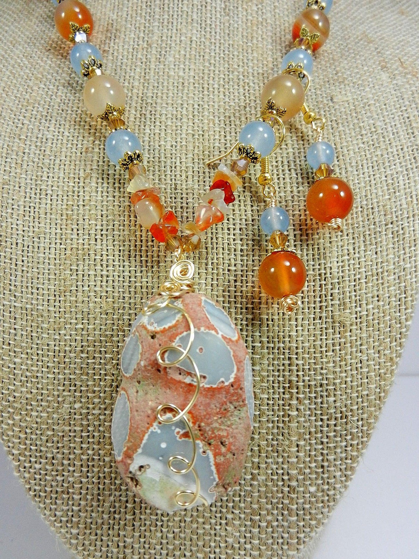Orange and Blue Agate Pendant Gemstone Gold Necklace with Matching Earrings