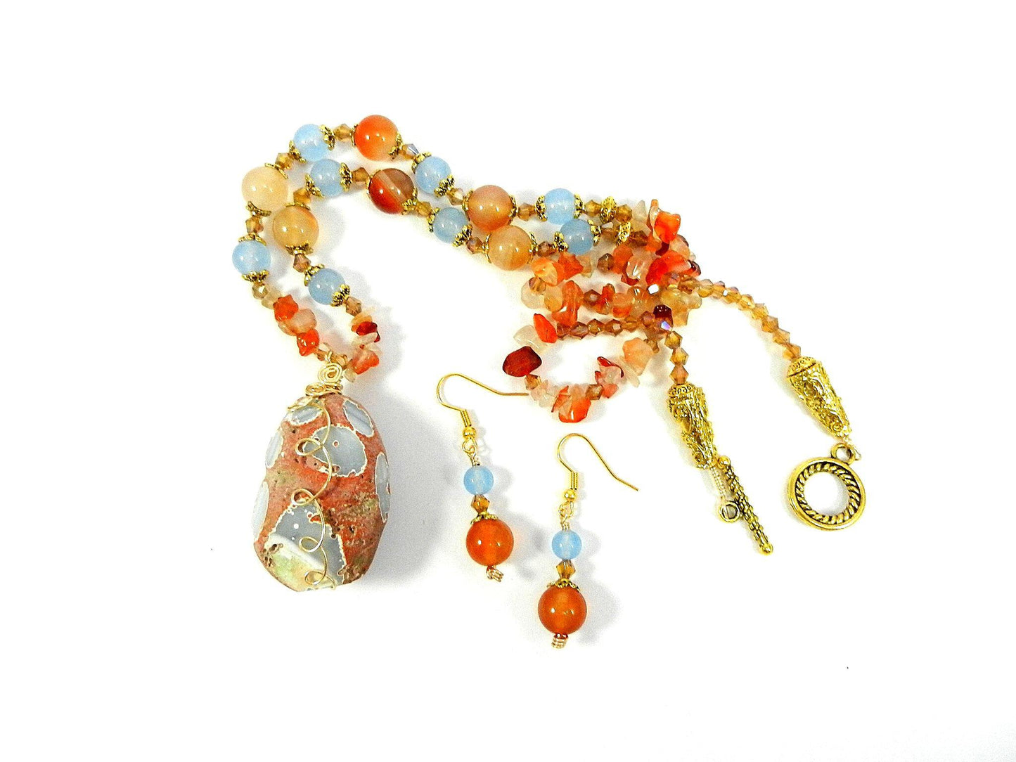 Orange and Blue Agate Pendant Gemstone Gold Necklace with Matching Earrings