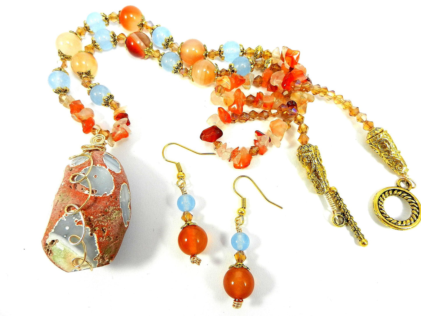 Orange and Blue Agate Pendant Gemstone Gold Necklace with Matching Earrings