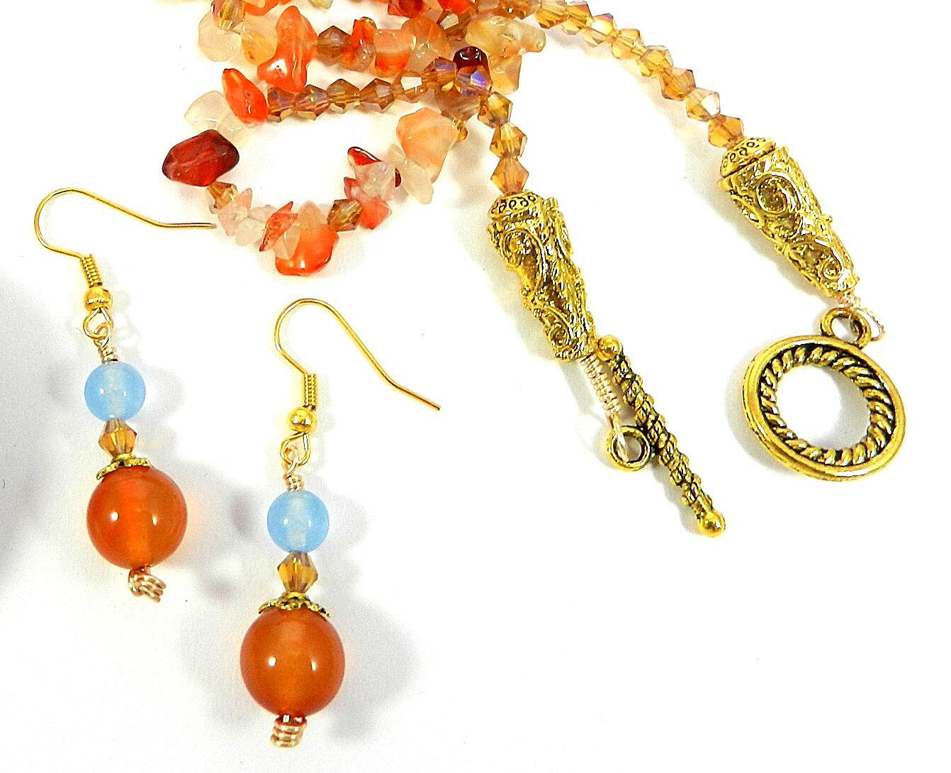 Orange and Blue Agate Pendant Gemstone Gold Necklace with Matching Earrings