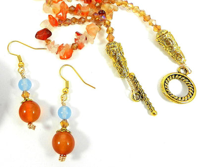Orange and Blue Agate Pendant Gemstone Gold Necklace with Matching Earrings