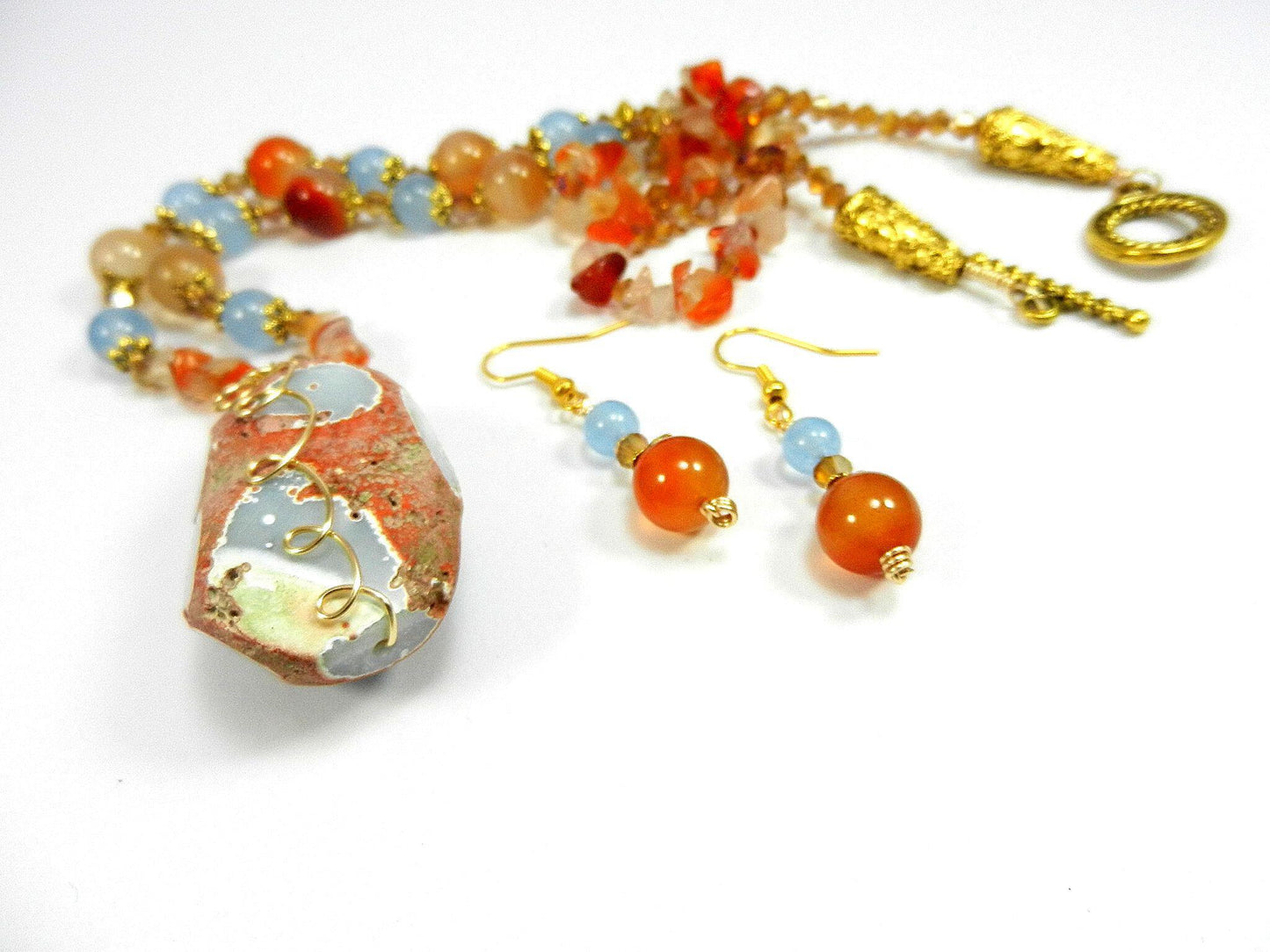 Orange and Blue Agate Pendant Gemstone Gold Necklace with Matching Earrings
