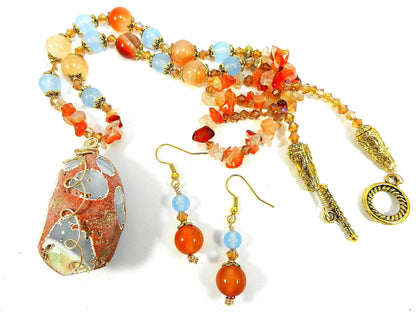 Orange and Blue Agate Pendant Gemstone Gold Necklace with Matching Earrings