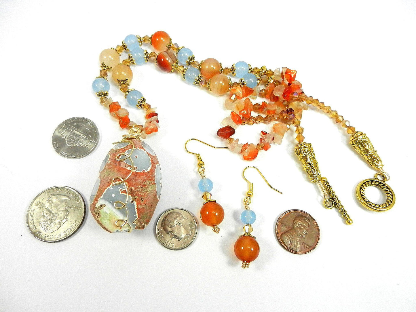 Orange and Blue Agate Pendant Gemstone Gold Necklace with Matching Earrings
