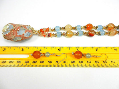 Orange and Blue Agate Pendant Gemstone Gold Necklace with Matching Earrings