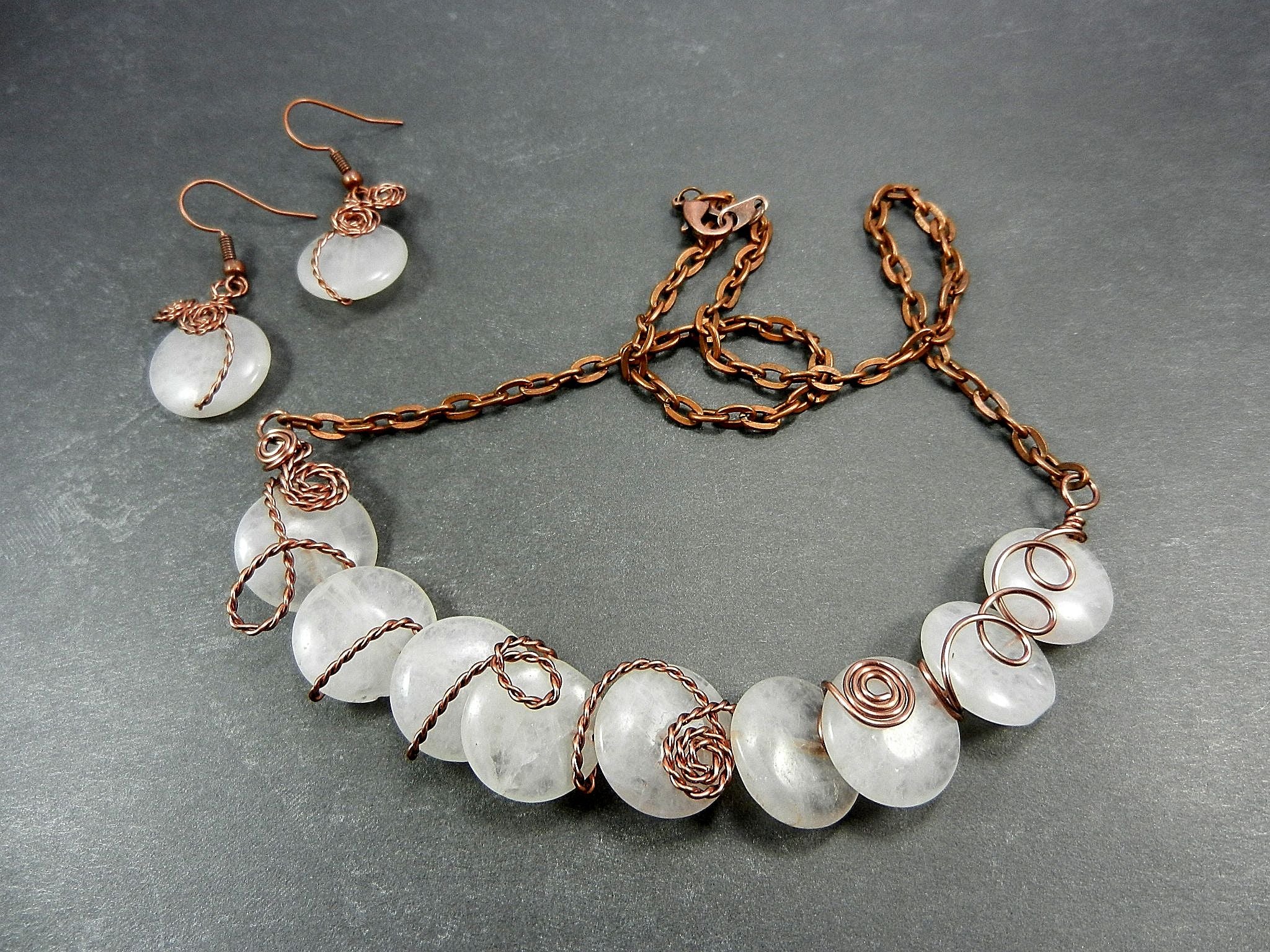Antique Copper Wire Wrapped Rose Quartz Necklace with Matching Earrings