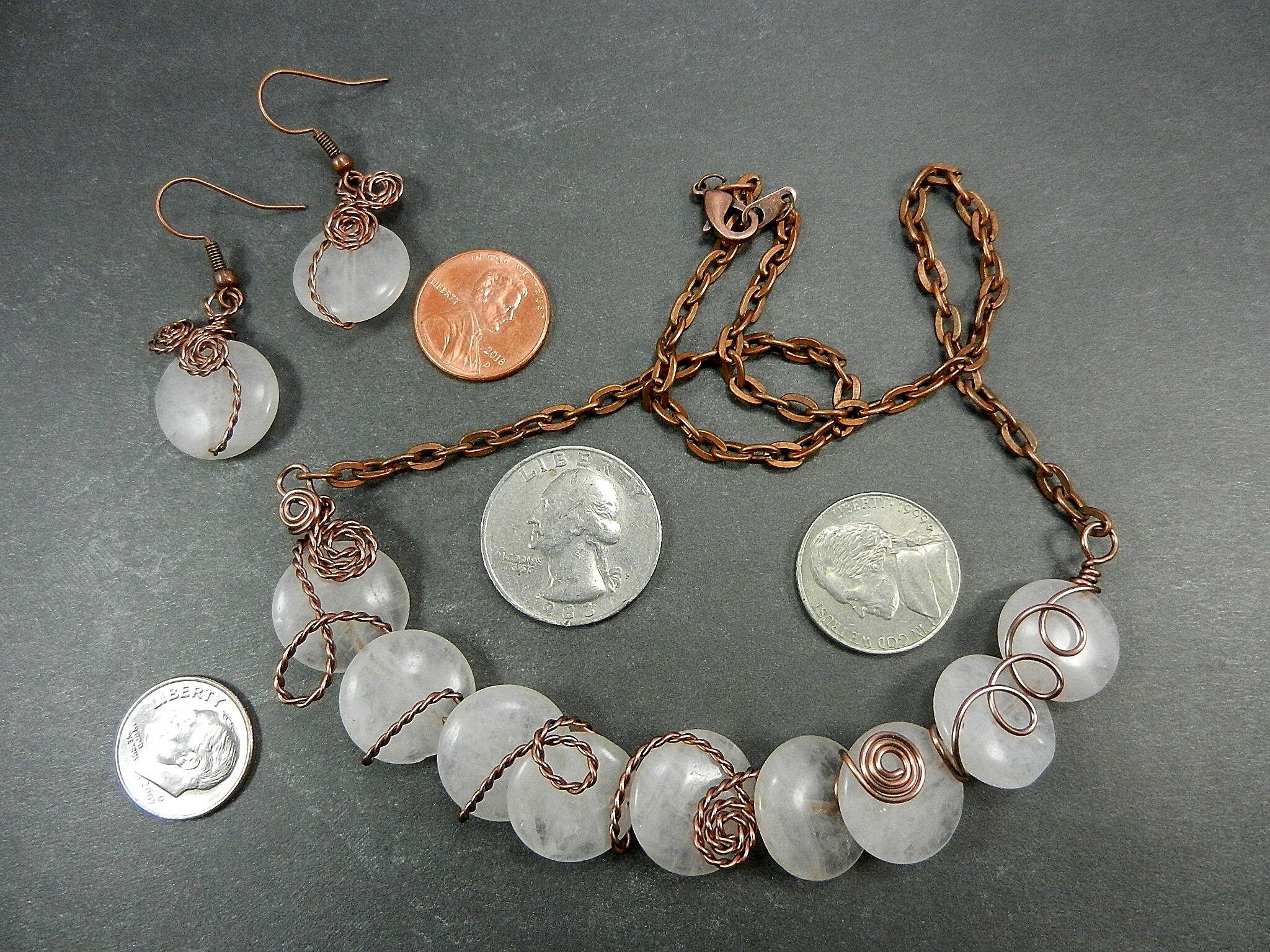 Antique Copper Wire Wrapped Rose Quartz Necklace with Matching Earrings