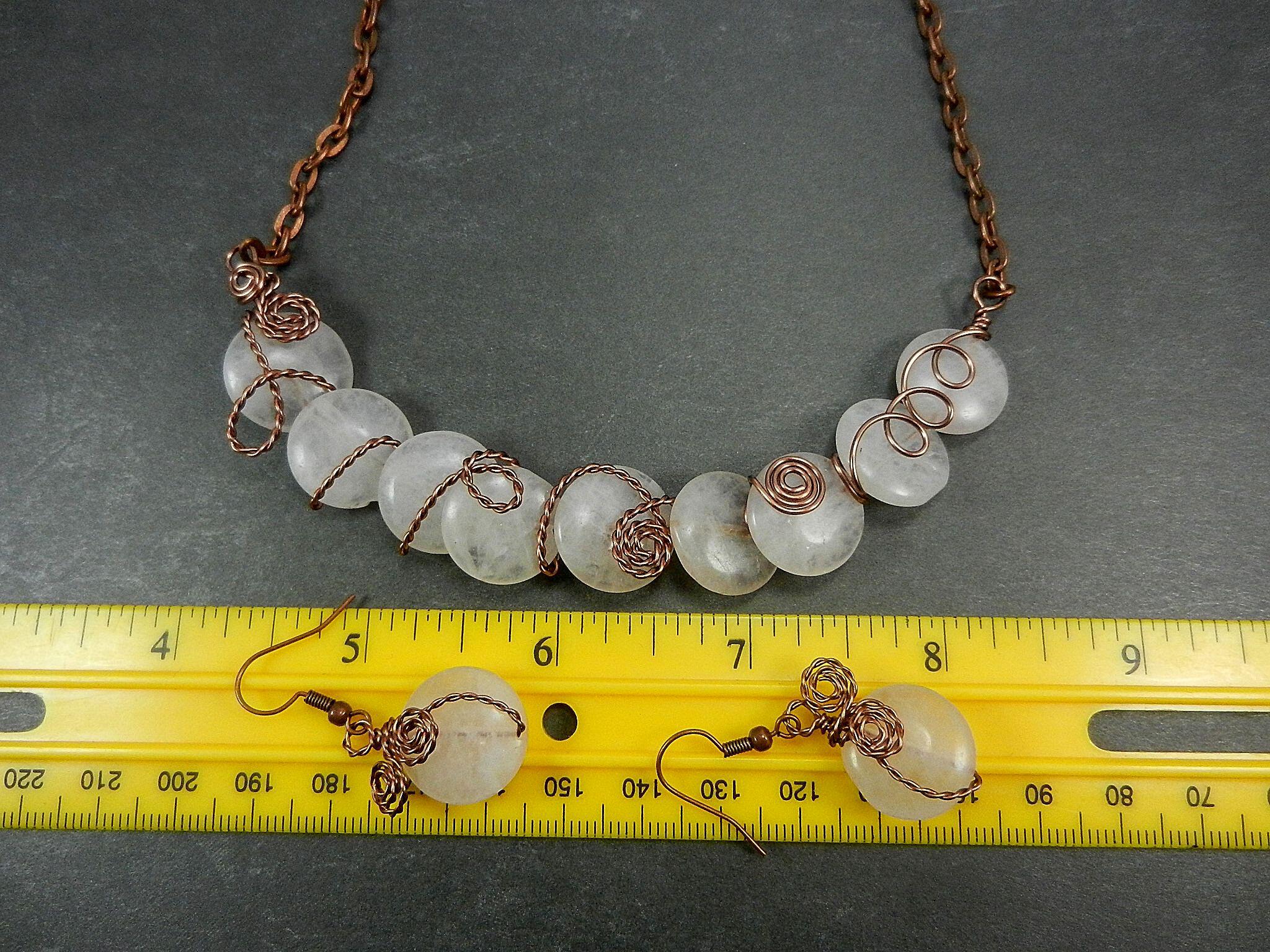 Antique Copper Wire Wrapped Rose Quartz Necklace with Matching Earrings