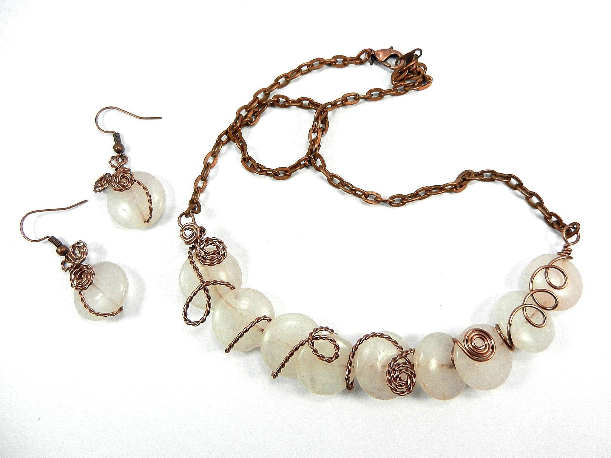 Antique Copper Wire Wrapped Rose Quartz Necklace with Matching Earrings