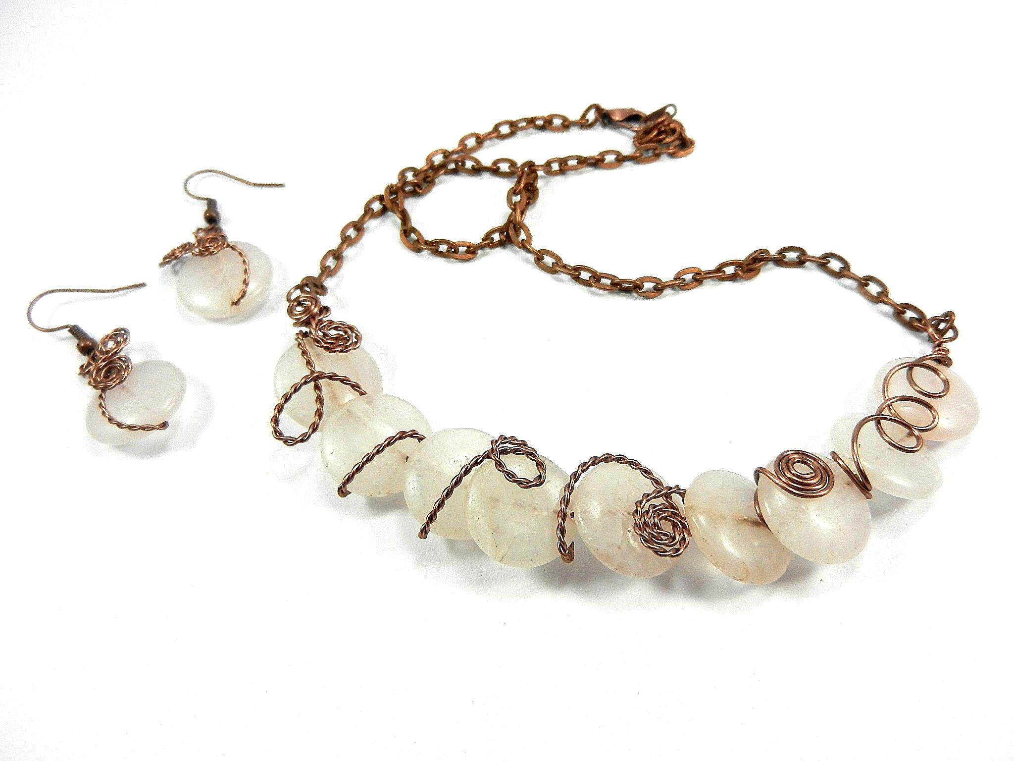 Antique Copper Wire Wrapped Rose Quartz Necklace with Matching Earrings