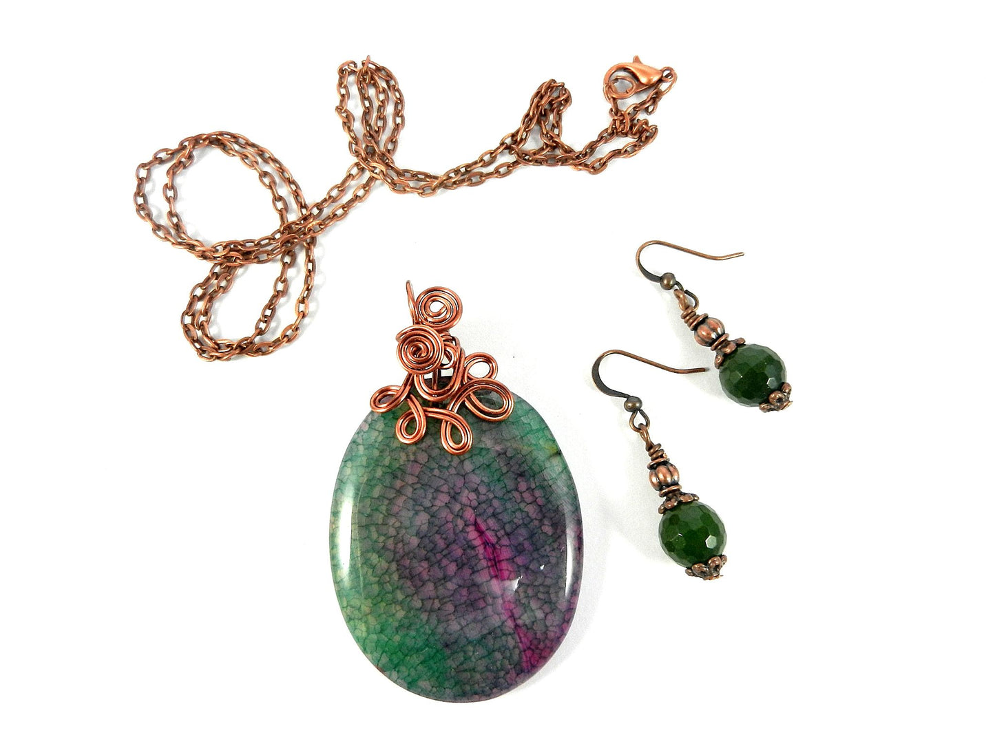 Copper Wire Wrapped Green and Pink Dragon’s Vein Oval Gemstone with Matching Jade Earrings