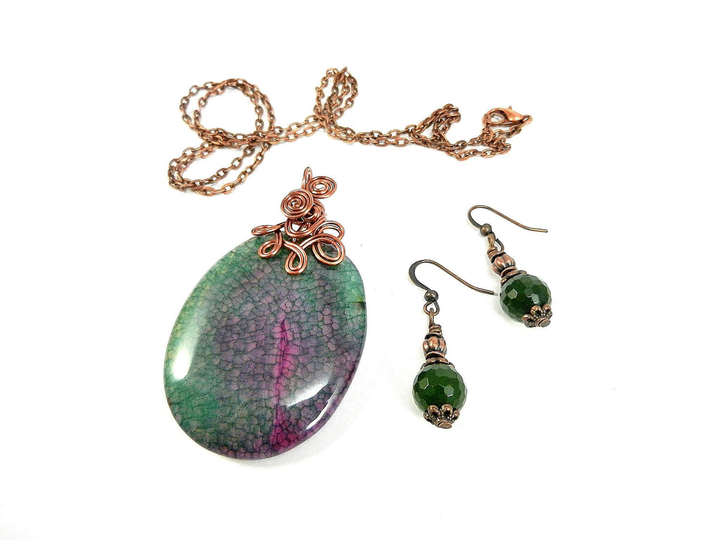 Copper Wire Wrapped Green and Pink Dragon’s Vein Oval Gemstone with Matching Jade Earrings
