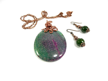 Copper Wire Wrapped Green and Pink Dragon’s Vein Oval Gemstone with Matching Jade Earrings