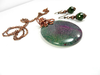 Copper Wire Wrapped Green and Pink Dragon’s Vein Oval Gemstone with Matching Jade Earrings