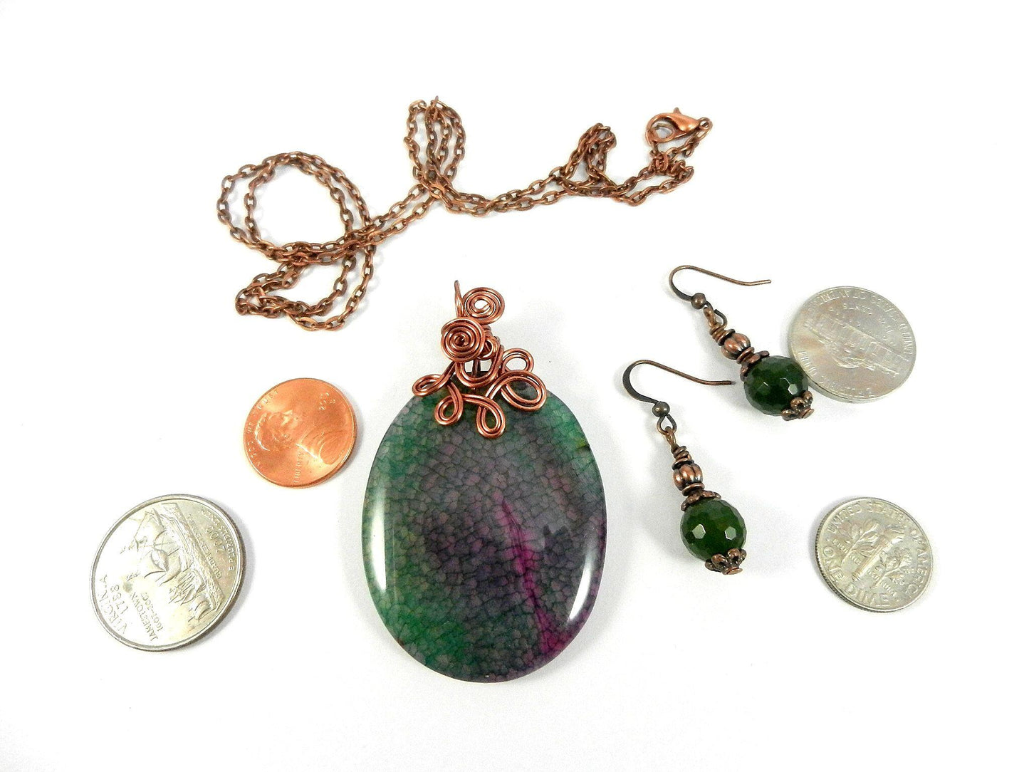Copper Wire Wrapped Green and Pink Dragon’s Vein Oval Gemstone with Matching Jade Earrings