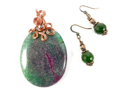 Copper Wire Wrapped Green and Pink Dragon’s Vein Oval Gemstone with Matching Jade Earrings