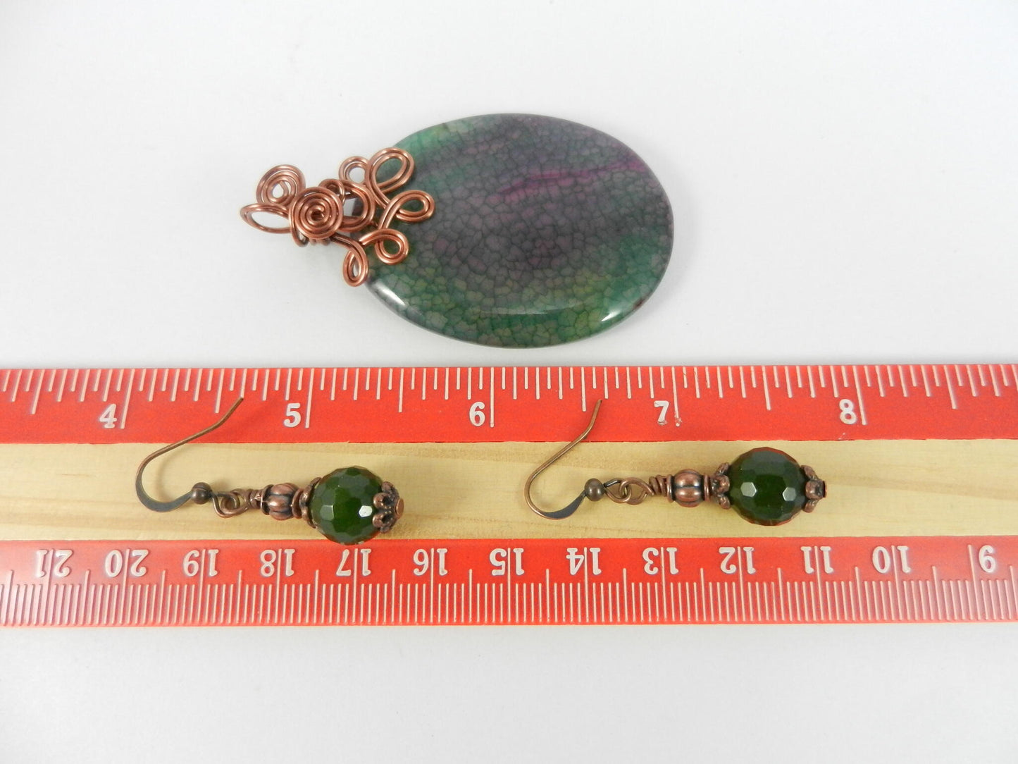 Copper Wire Wrapped Green and Pink Dragon’s Vein Oval Gemstone with Matching Jade Earrings