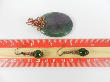 Copper Wire Wrapped Green and Pink Dragon’s Vein Oval Gemstone with Matching Jade Earrings