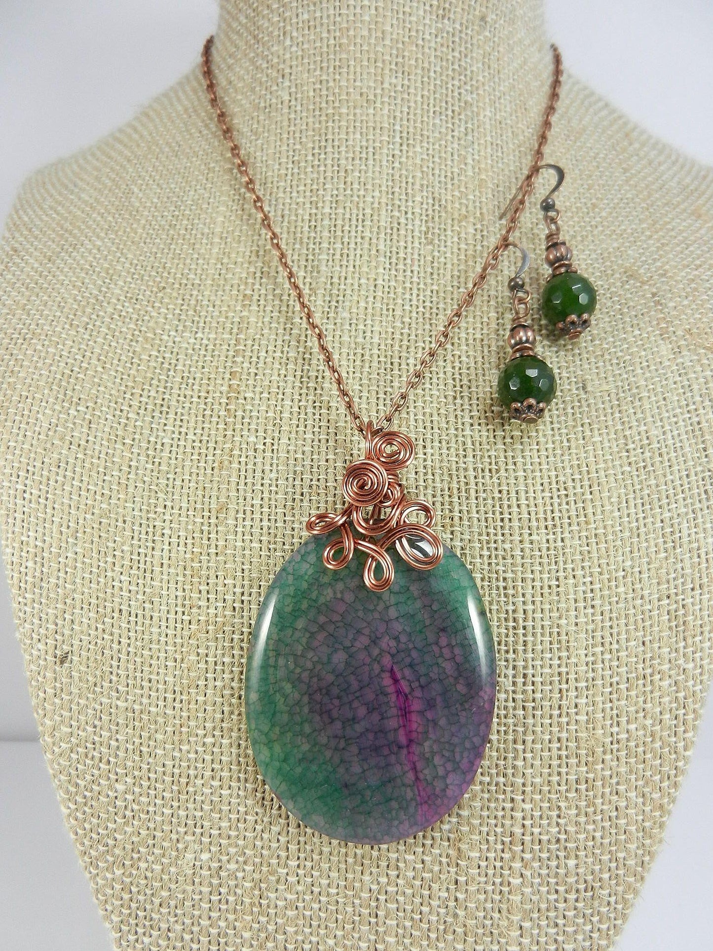 Copper Wire Wrapped Green and Pink Dragon’s Vein Oval Gemstone with Matching Jade Earrings