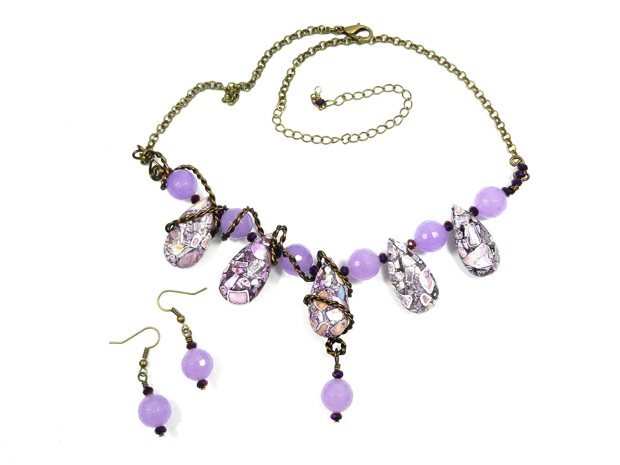 Antique Copper Wire Wrapped Purple Brecciated Turquoise Teardrop Necklace with Lavender Jade and Matching Earrings
