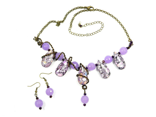 Antique Copper Wire Wrapped Purple Brecciated Turquoise Teardrop Necklace with Lavender Jade and Matching Earrings