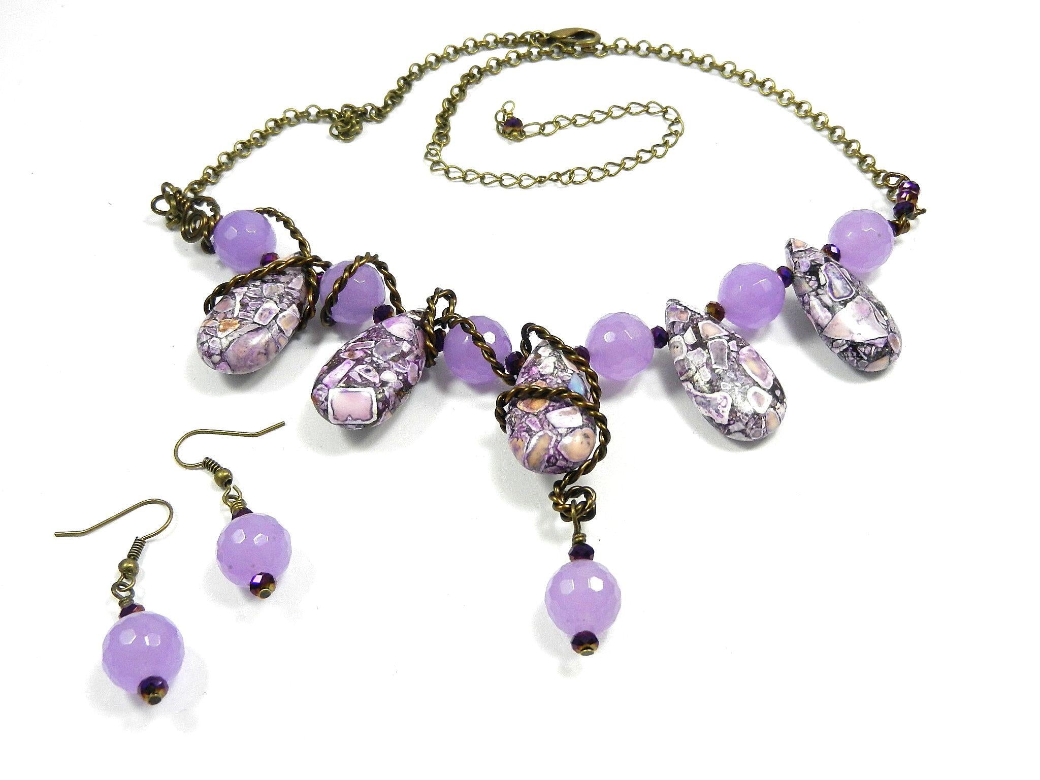 Antique Copper Wire Wrapped Purple Brecciated Turquoise Teardrop Necklace with Lavender Jade and Matching Earrings