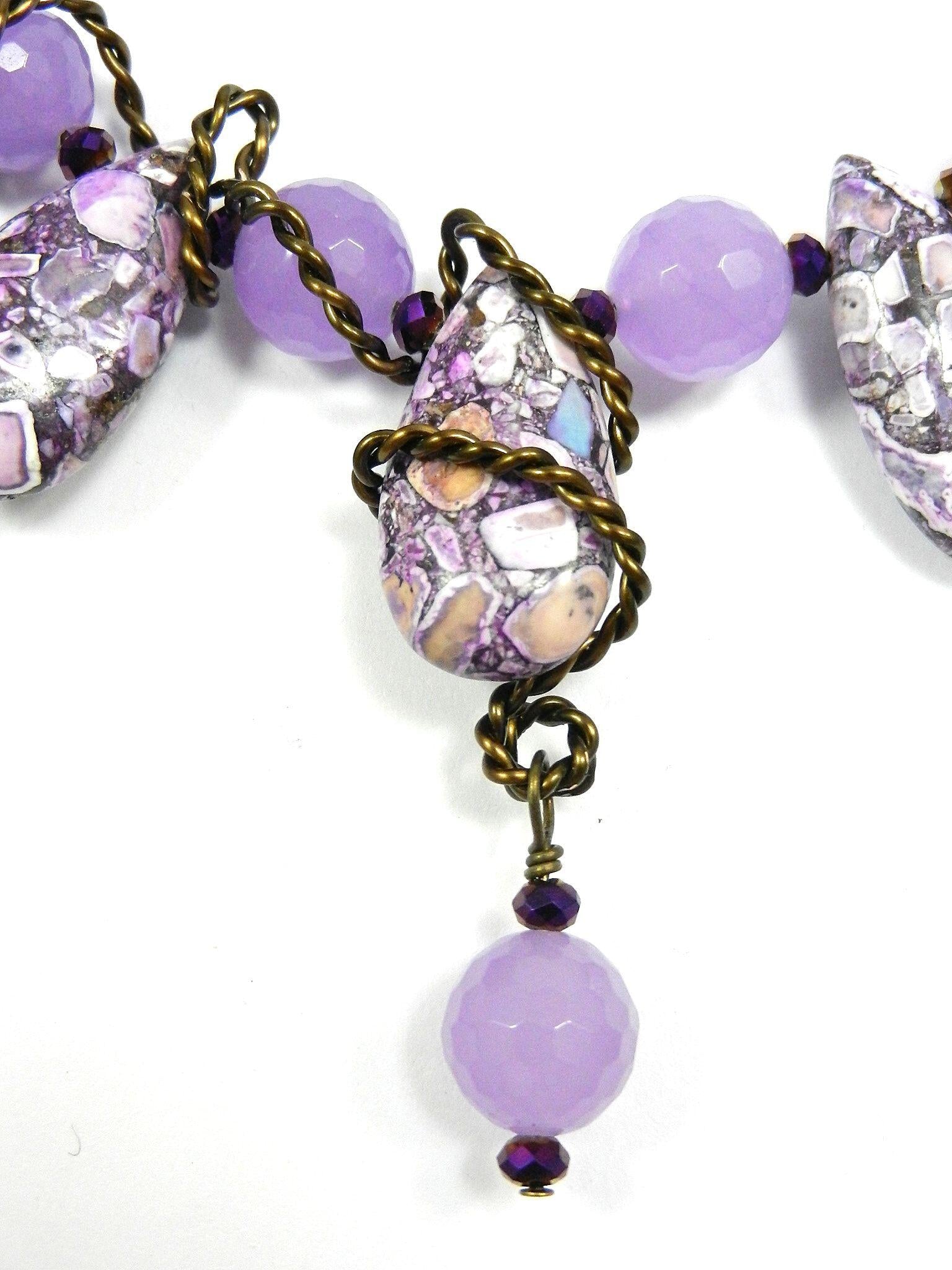 Antique Copper Wire Wrapped Purple Brecciated Turquoise Teardrop Necklace with Lavender Jade and Matching Earrings
