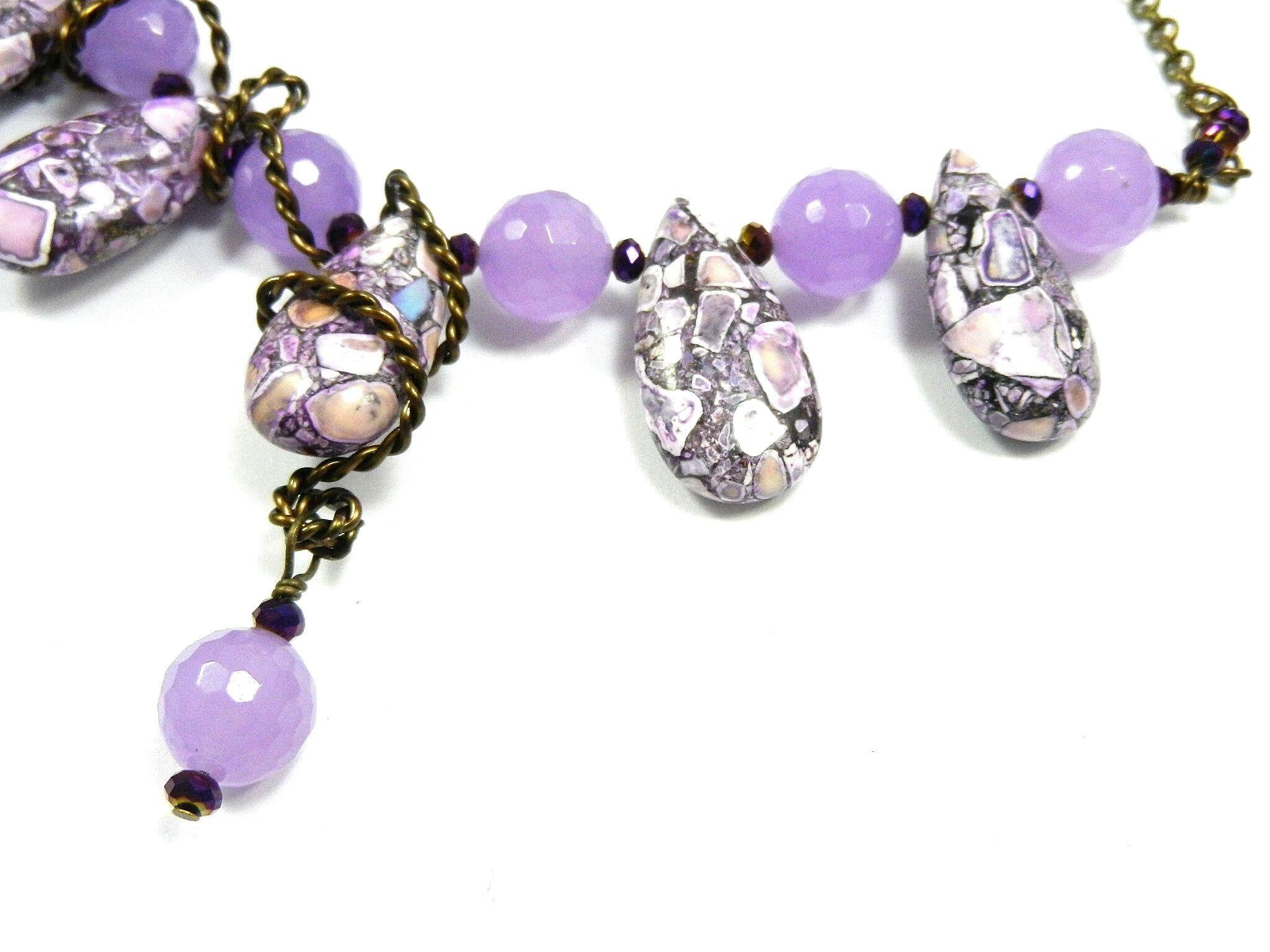 Antique Copper Wire Wrapped Purple Brecciated Turquoise Teardrop Necklace with Lavender Jade and Matching Earrings