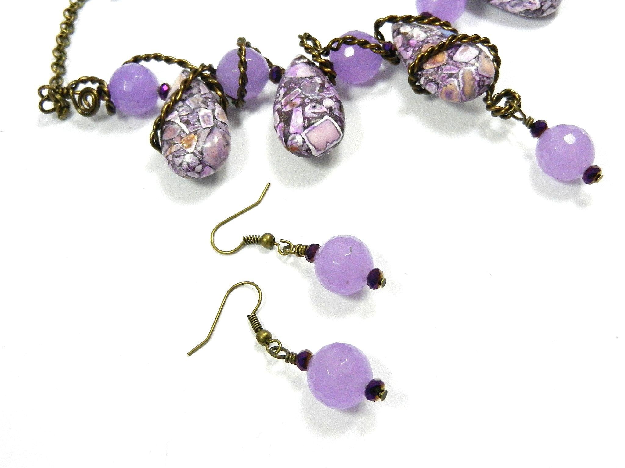Antique Copper Wire Wrapped Purple Brecciated Turquoise Teardrop Necklace with Lavender Jade and Matching Earrings